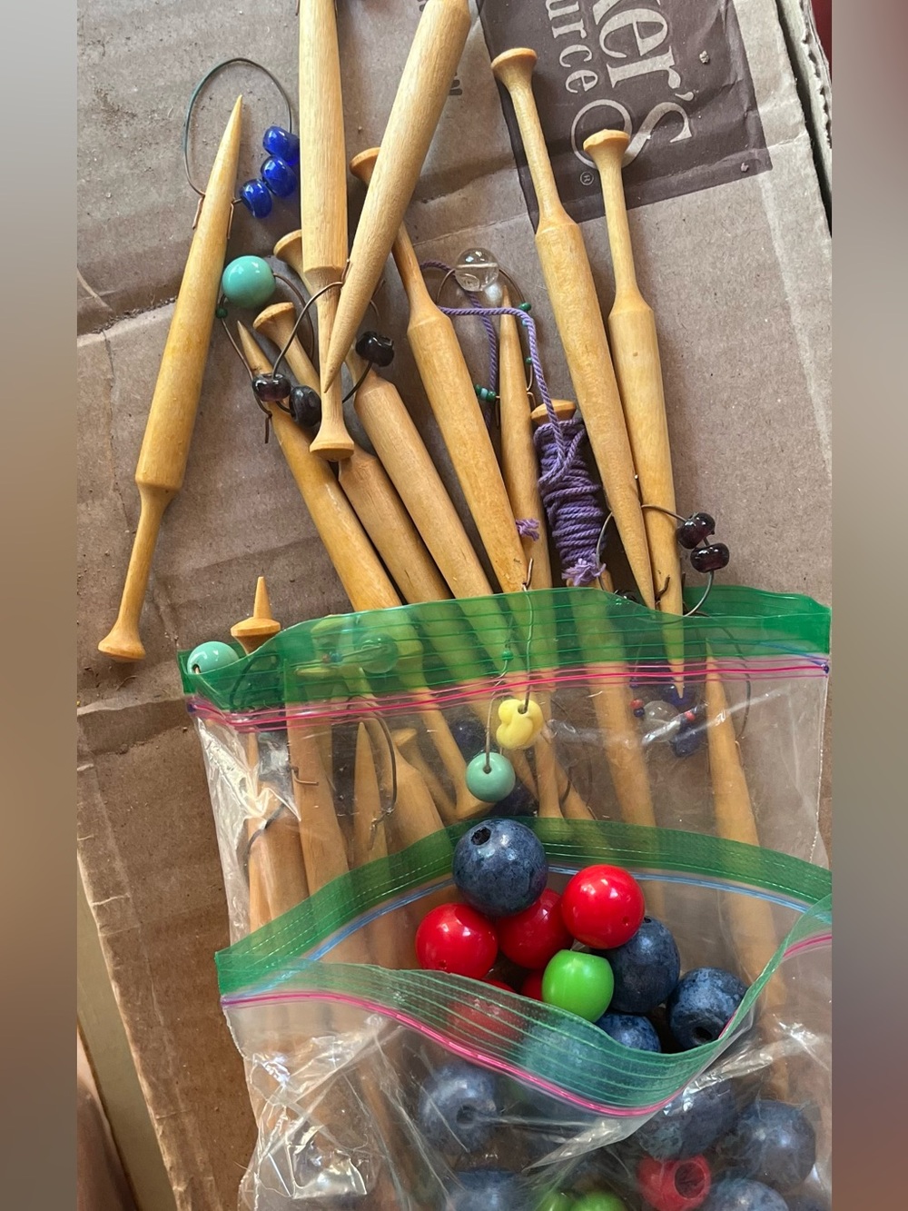 Vintage Wooden Bobbin Lacemaking Tools with Colorful Beads